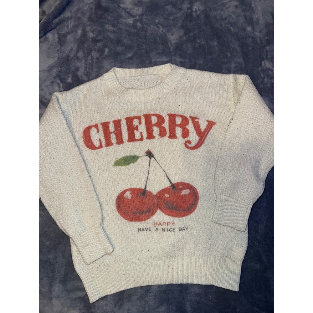 Vintage Style Cherry Graphic Knit Sweater Cream Off-White Crewneck Pullover
